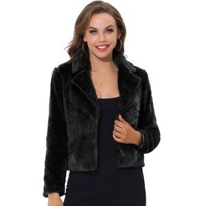Cropped Jacket Notch Lapel Faux Fur Fluffy Coat Black